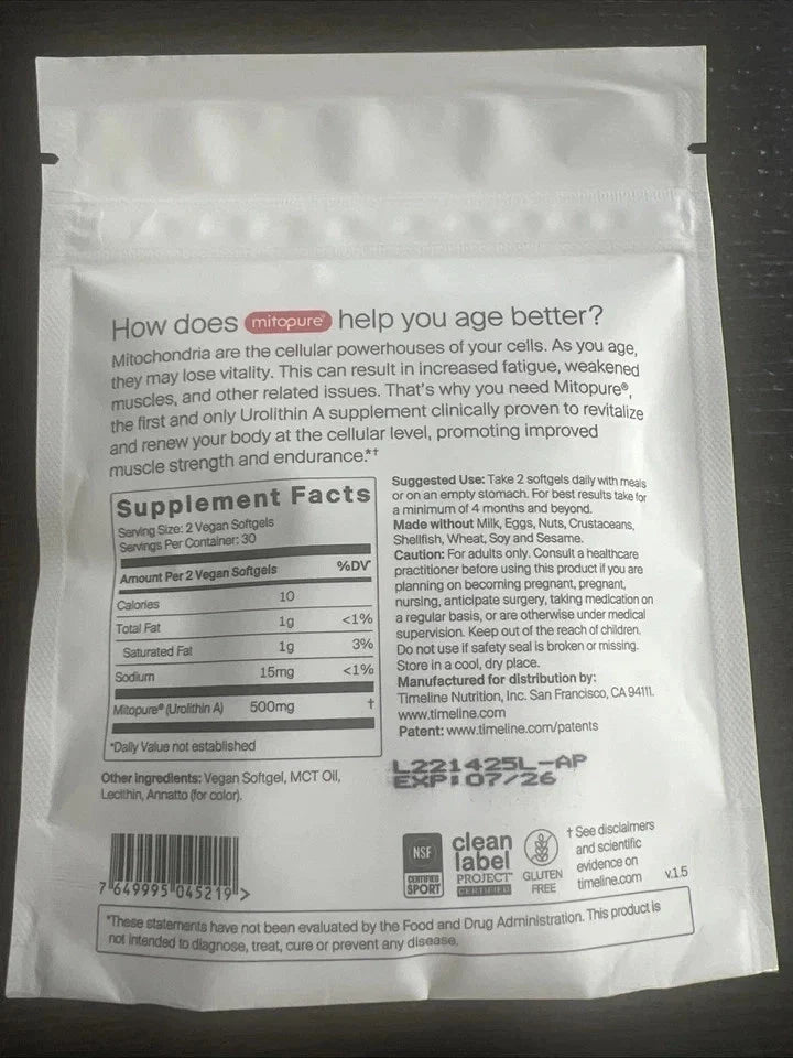 Time-Line Longevity Supplement Mitopure Urolithin A 60 Softgels